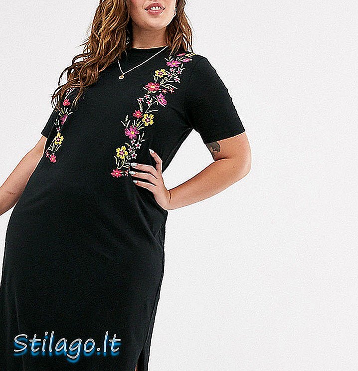 ASOS DESIGN 커브 프린트 플로럴 미디 티셔츠 드레스-블랙