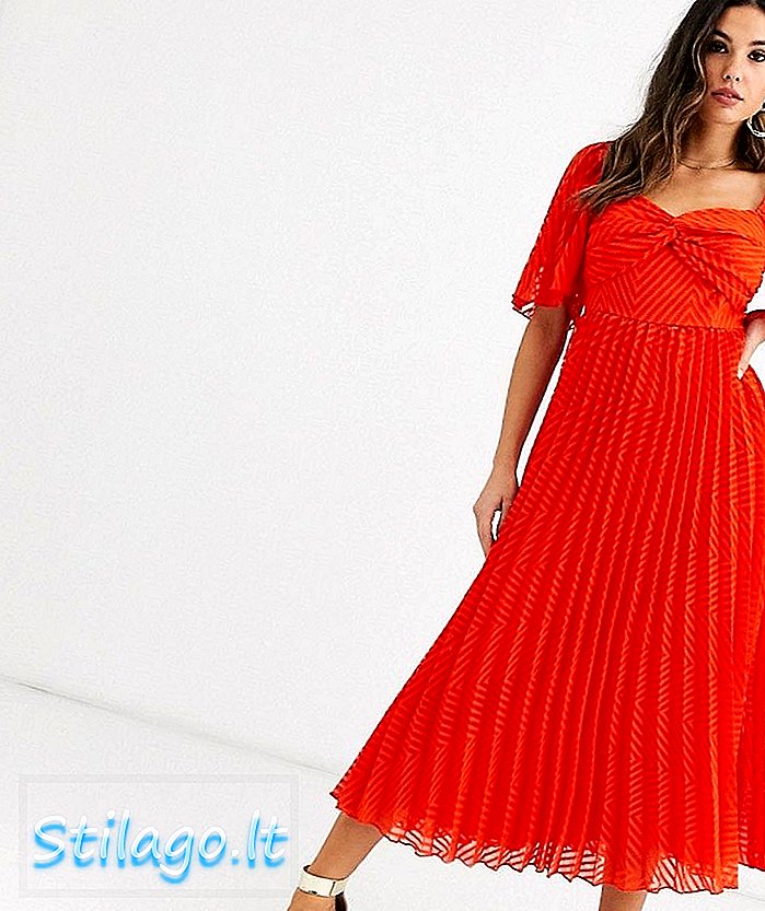 ASOS DESIGN - Geplooide midi-jurk met gedraaide voorkant en engelenmouw in chevron dobby-rood