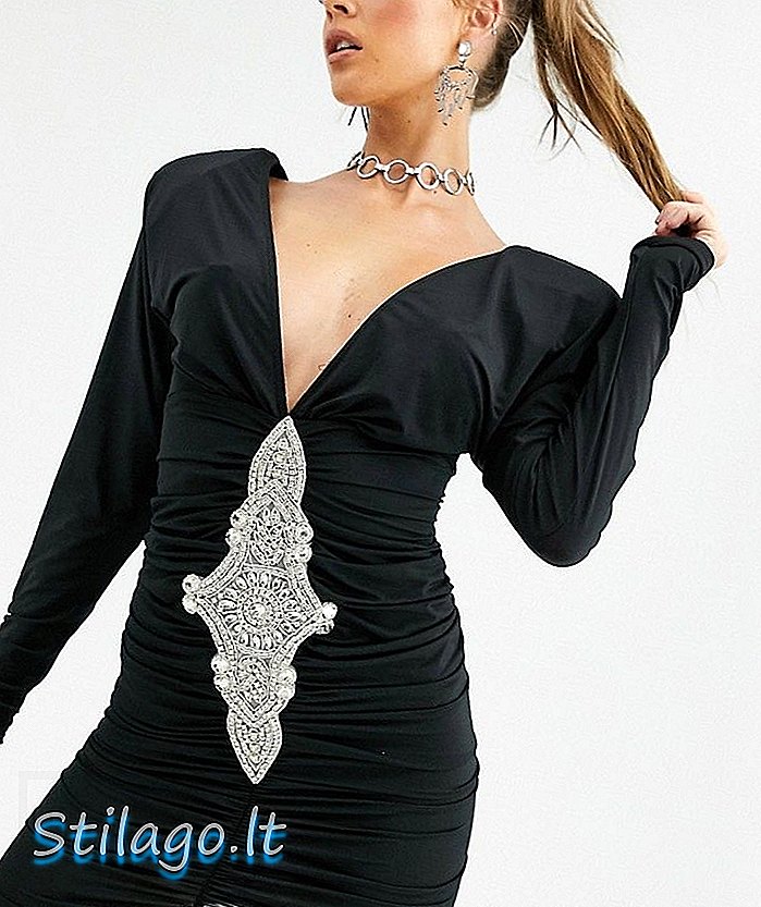 काळ्या रंगाच्या सुशोभित तपशीलांसह किकिरिकी प्लंज फ्रंट बॉडीकॉन ड्रेस