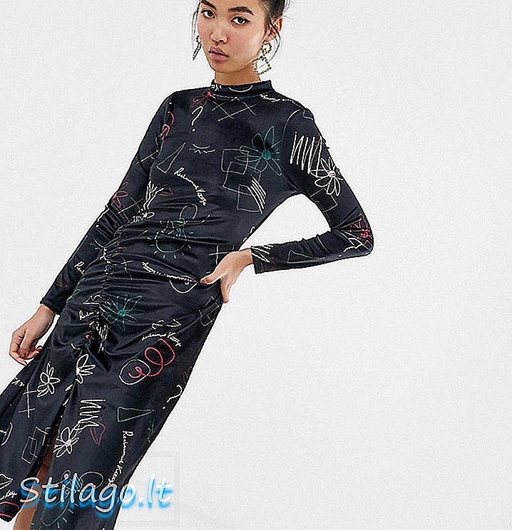 Рециклирана Винтаге инспирисана миди баршунаста хаљина у цветном уметничком принту с руцхед-подрезом-црном