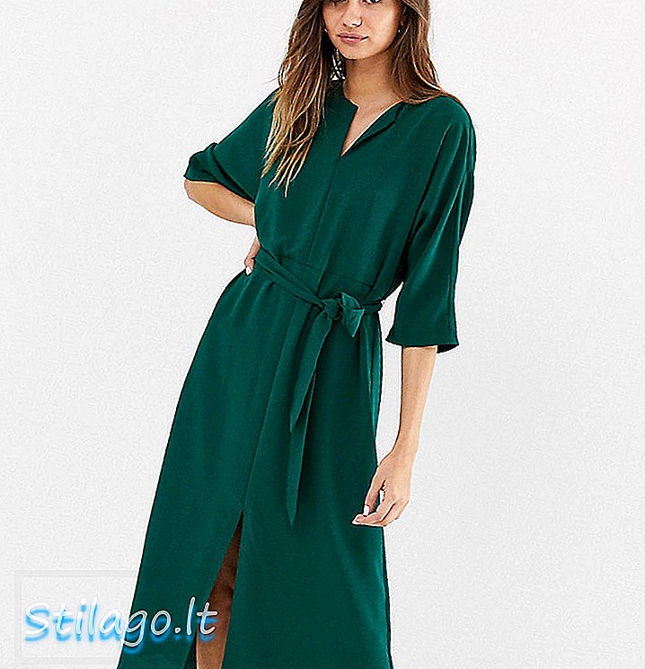 짙은 녹색의 앞면 슬릿이있는 몽키 벨트 미디 드레스