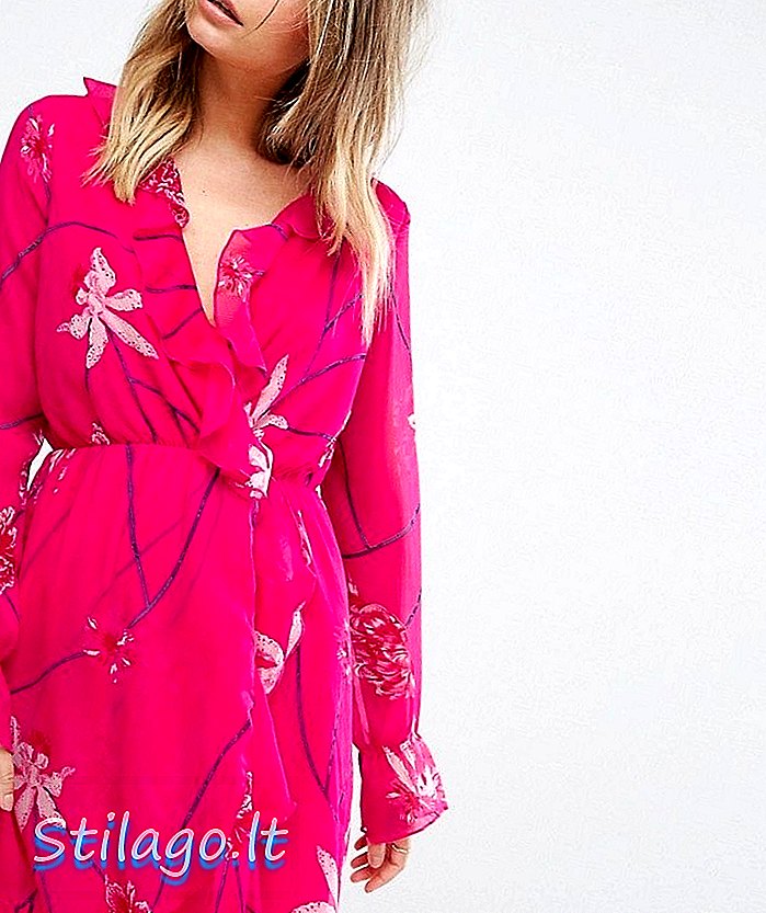 فستان فيرو مودا القصير بطبعات الكشكشة باللون الوردي-متعدد