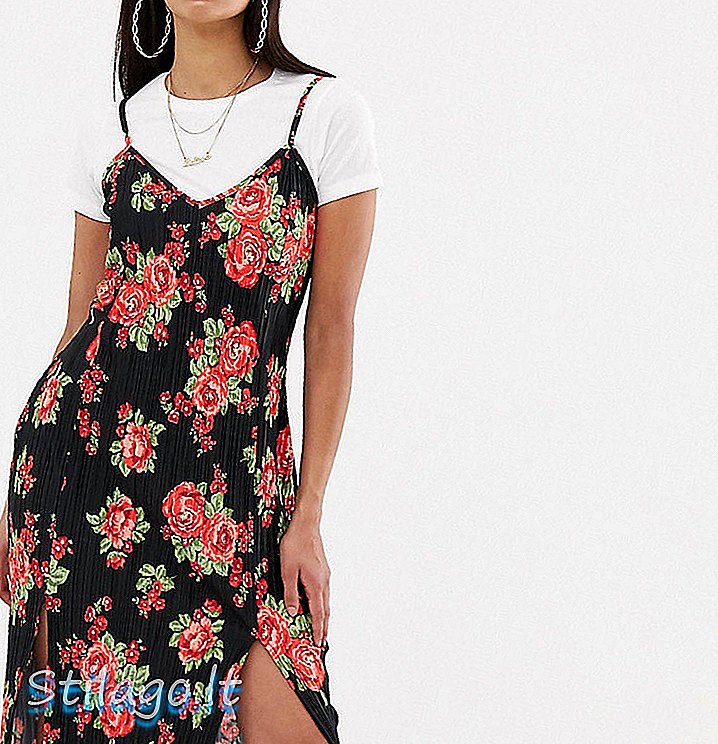 PrettyLittleThing midi csúszós ruha oldalsó hasítással fekete virágos-többszínűben