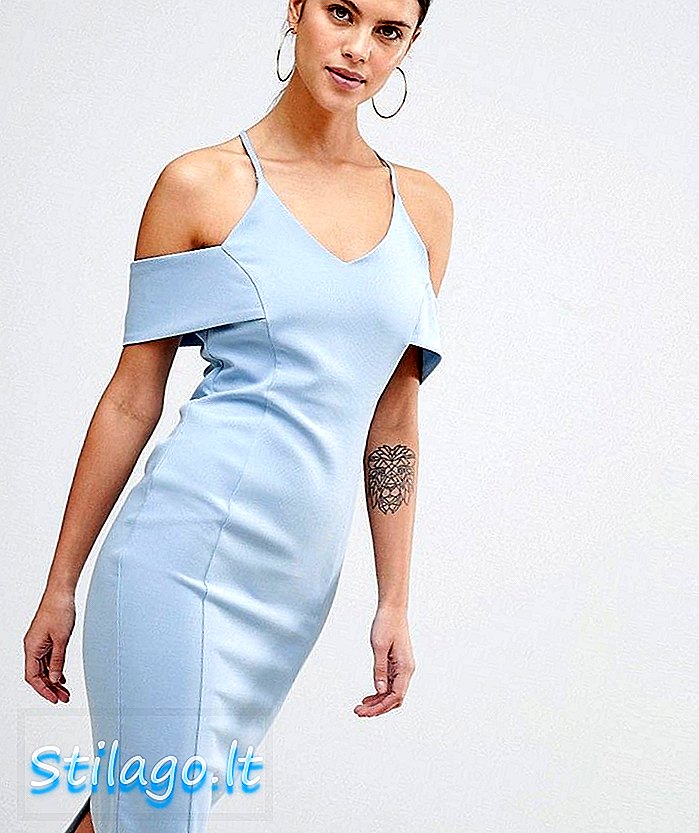 Vesper Askı Bardot Kalem Elbise-Mavi
