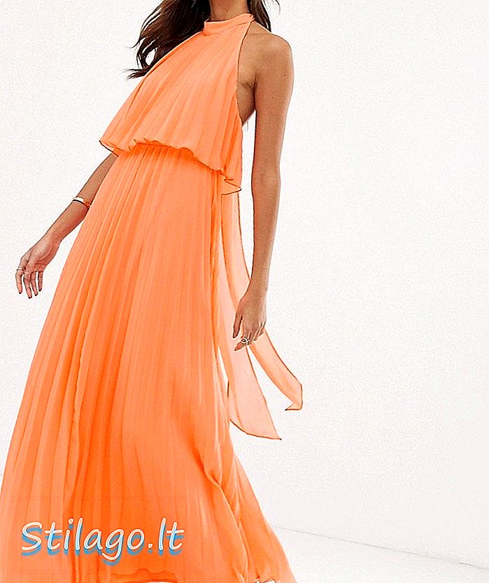 ASOS DESIGN - Halter maxi-jurk met gestrikte hals in plooi-oranje