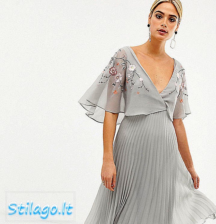 ASOS डिजाइन टॉल स्पंदन आस्तीन मिडी पोशाक कढ़ाई-मल्टी में pleat स्कर्ट के साथ