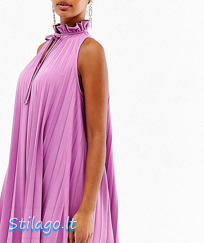 ASOS DESIGN πλισέ μίνι φόρεμα με υψηλή λεπτομέρεια στο λαιμό-Μωβ