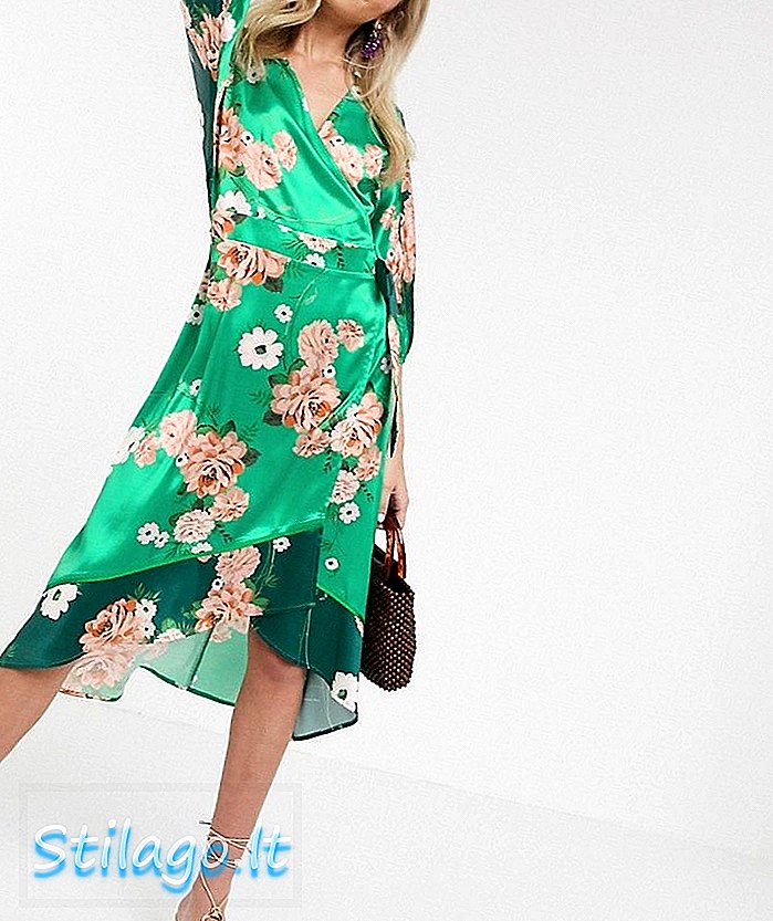 मिश्रित हरी पुष्प में लिकोरिश साटन किमोनो मिडी पोशाक