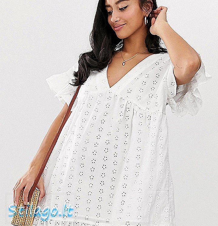 ASOS DESIGN Petite - Aangerimpelde mini-jurk met V-hals en V-hals aan de achterkant in broderie-wit