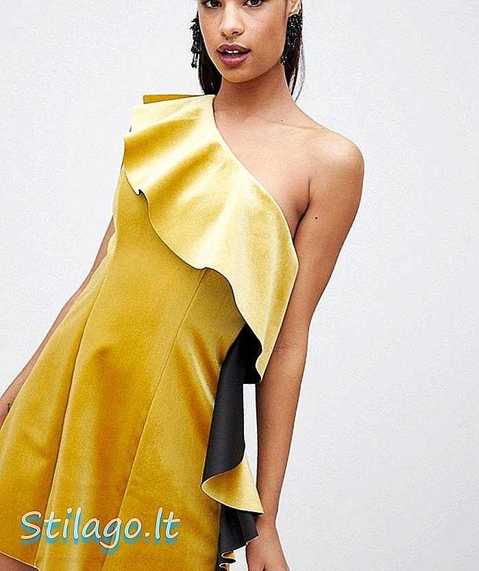 ASOS DESIGN velvet one bahu ruffle mini dress-Yellow