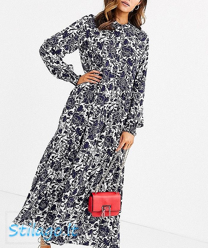 Magazynowa, warstwowa sukienka maxi w kwiatowy wzór - niebieski