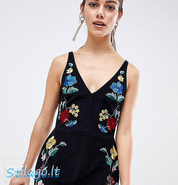 Mini obleka ASOS DESIGN Petite v vrvici s cvetličnim vezenjem-črna