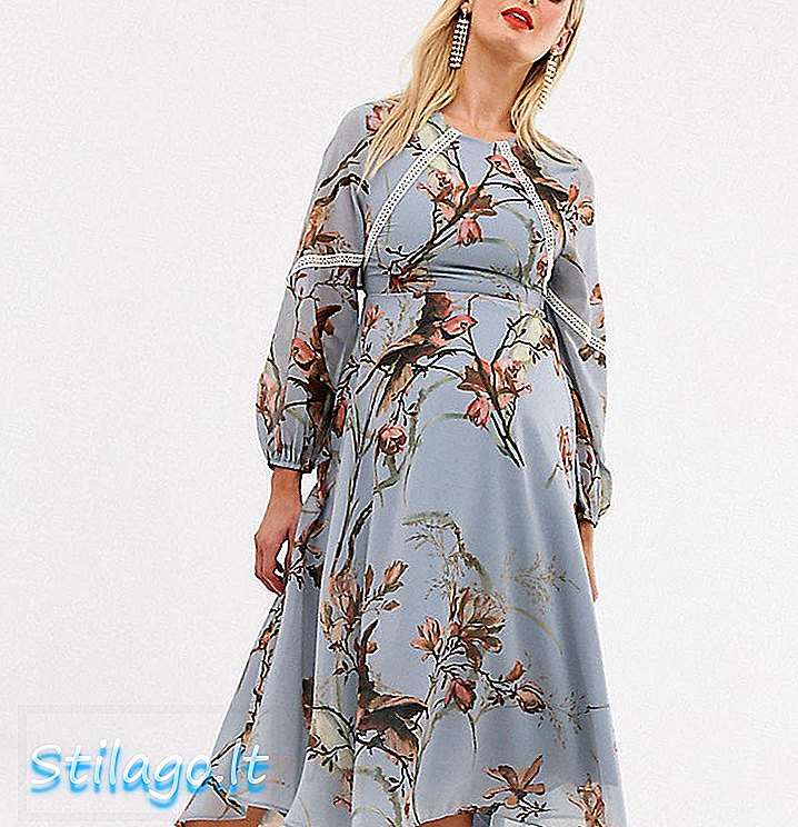 Hope & Ivy Maternity kvetinový čipkový lem s dlhým rukávom midi dress-Multi