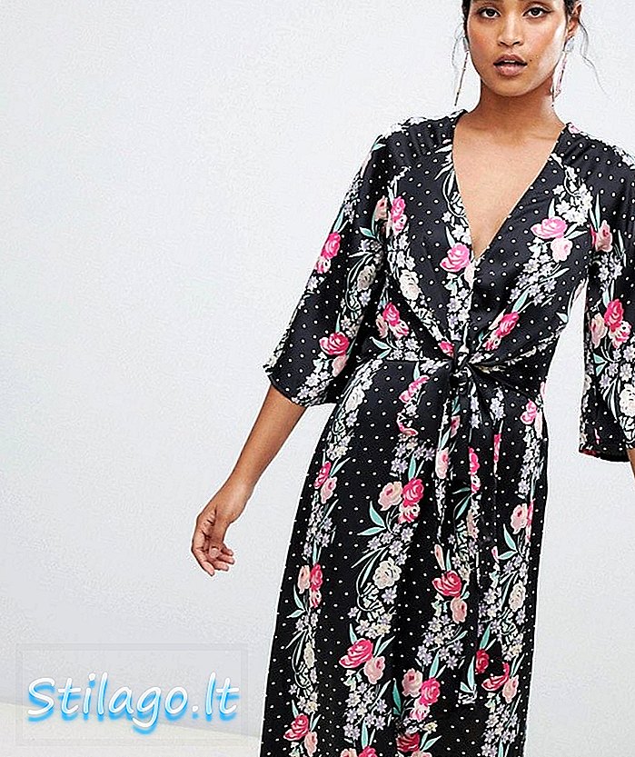 Liquorish floral dan polka dot print wrap, maxi dress-Black