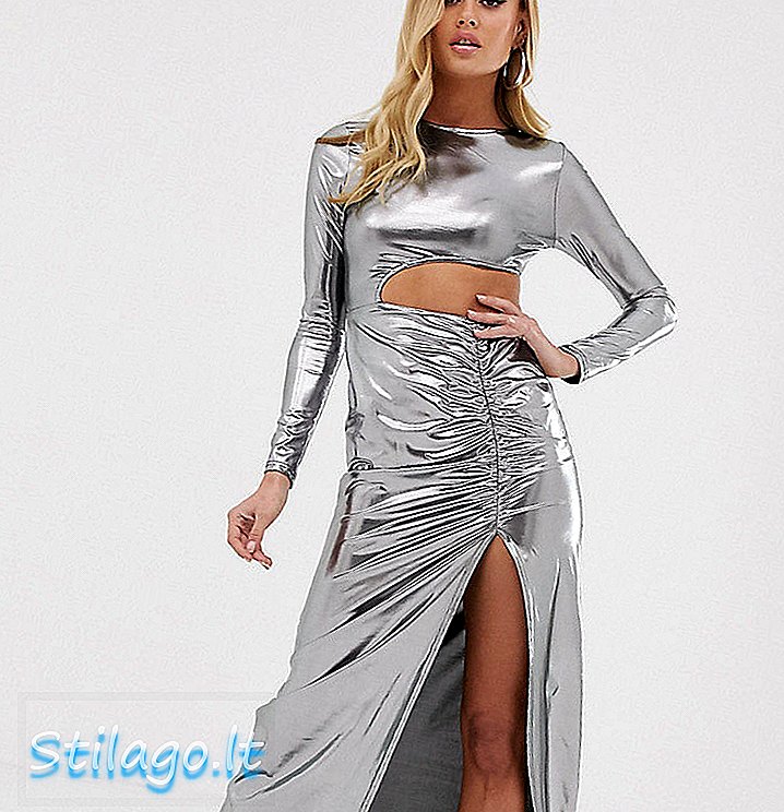 Fashionkilla izrez maxi haljina s bedro podijeljenim detaljima suknje u srebrnoj boji