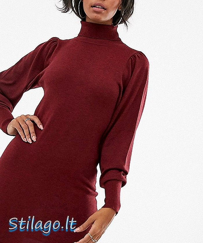 فستان ASOS DESIGN المصغر ذو الياقة الملفوفة مع الأكمام البارزة في مزيج معاد التدوير - أحمر