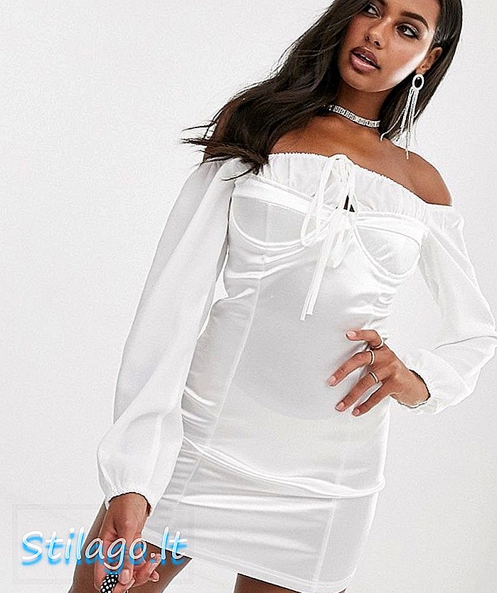 Vestido de cetim Boohoo bardot com mangas de chiffon em branco