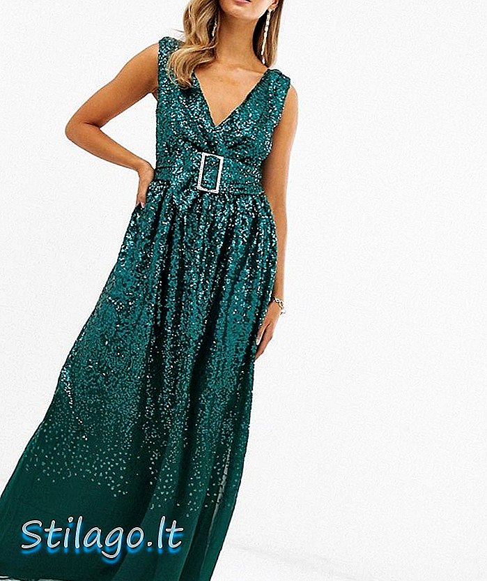 Şehir Tanrıça payet diamante kuşaklı maksi elbise-Yeşil