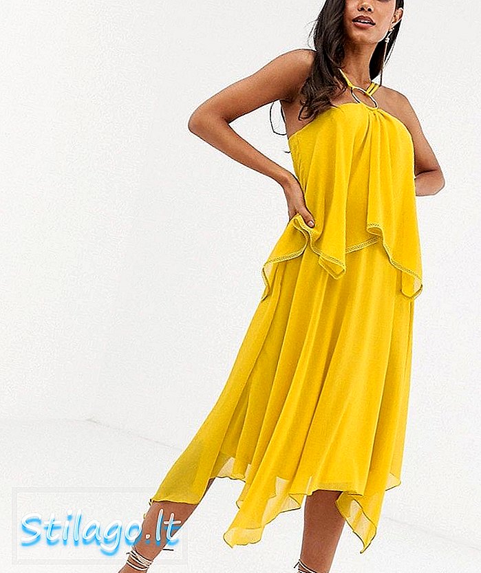 एएसओएस डिझाईन मिडी ड्रेस डबल लेयर आणि हॉल्टर रिंग डिटेल-पिवळा सह