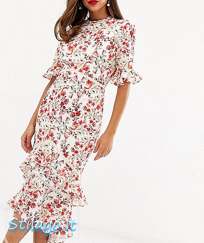 Hope & Ivy çiçek desenli fırfır etek ile sırt sırtı midaksi elbise-Multi