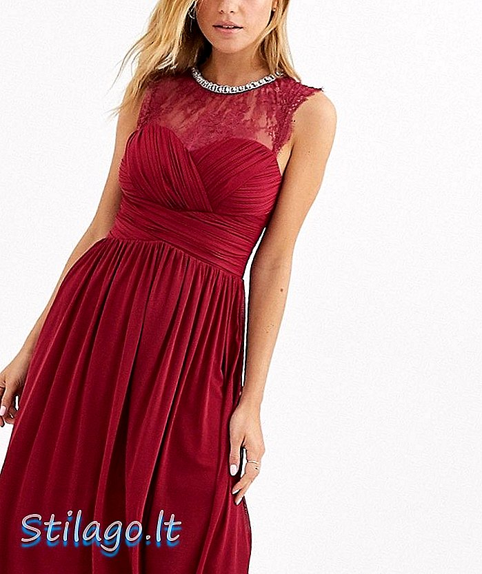 Lipsy ruched midi haljina s čipkanim žumanjkom i ukrašenim vratom u bobičasto-crvenoj boji