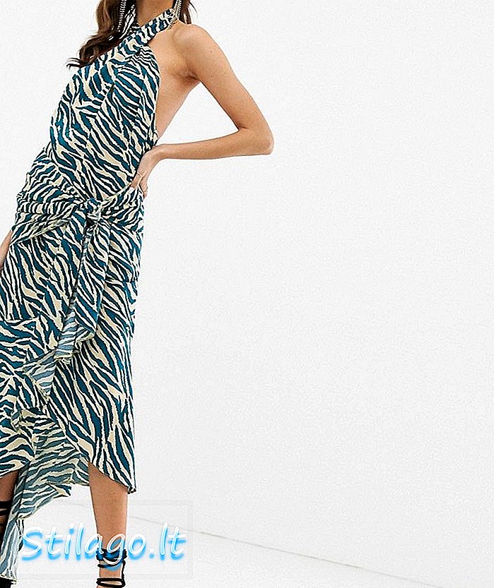 ASOS DESIGN boczna sukienka midi w szarości z satynowym abstrakcyjnym nadrukiem zebry-Multi