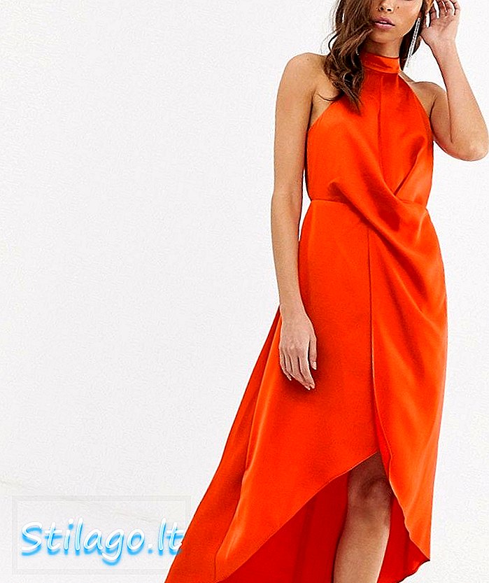 АСОС ДЕСИГН хаљина од сатена миди, високих врата и вунене сукње-наранџаста