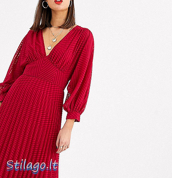 ASOS DESIGN Tall - Geplooide midi-jurk met vleermuismouwen in chevron dobby-rood