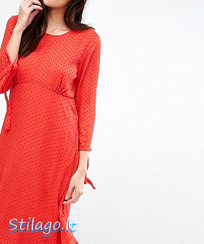 लाल रंगात विला लांब स्लीव्ह स्पॉटी जाळी स्विंग मिडी ड्रेस