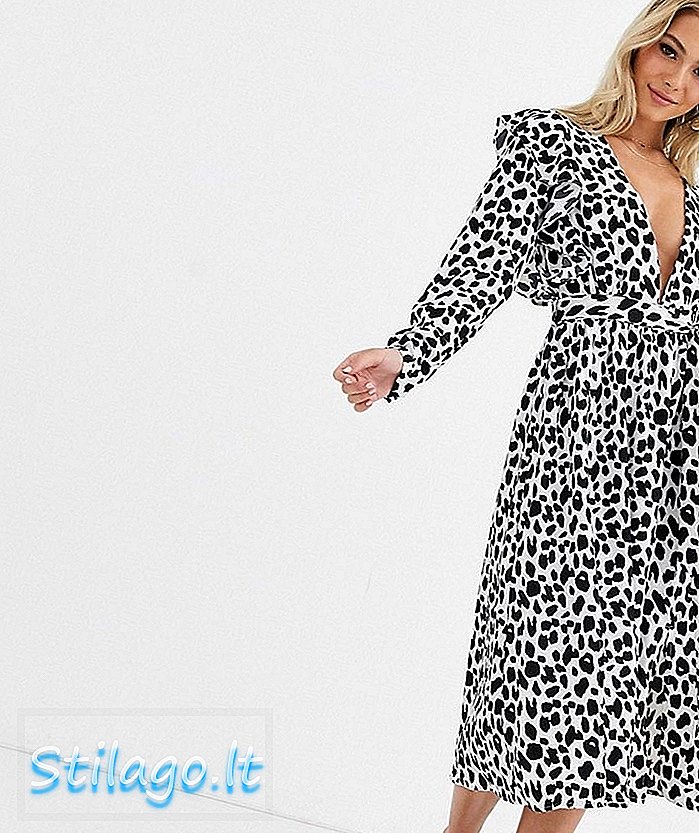 Rochie midi plin de glamour cu imprimeu leopard monocrom-Multi