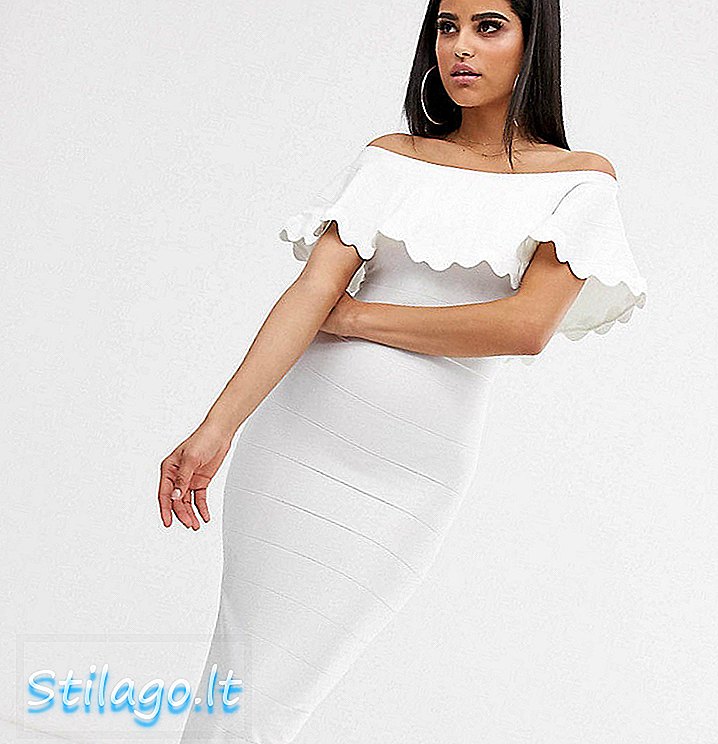 पेसफेम-व्हाईटसह एएसओएस डिझाईन उंच स्केलप डिटेल बंडेऊ पट्टी मिडी पेंसिल ड्रेस