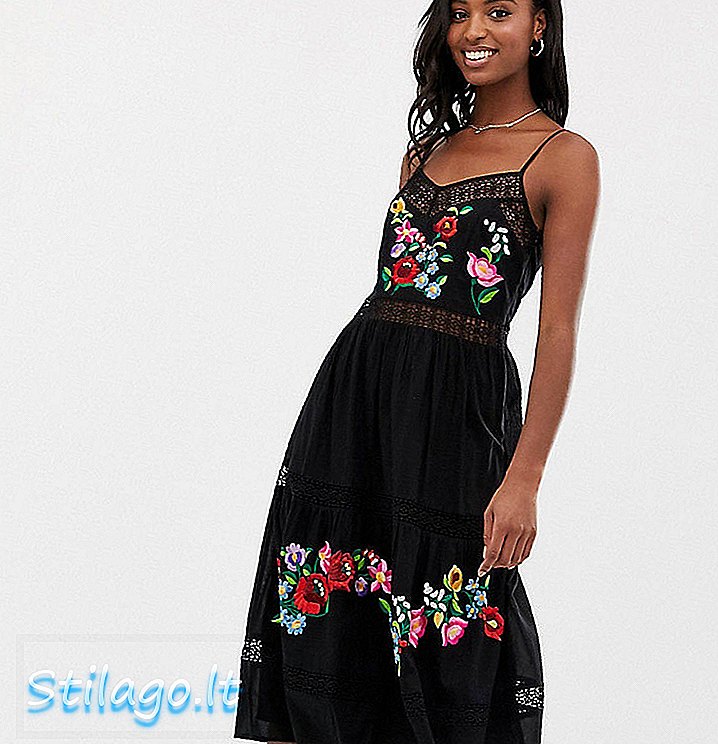 ASOS DESIGN Tall - Cami midi-jurk met trapeze-borduursel - Zwart