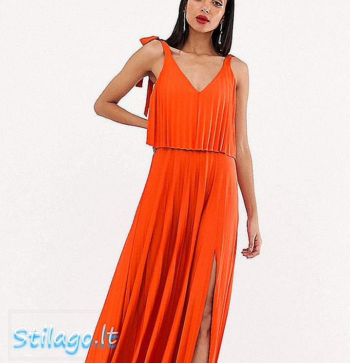 ASOS DESIGN Sukienka maxi z plisowanymi ramiączkami na wysokim ramieniu - Pomarańczowa