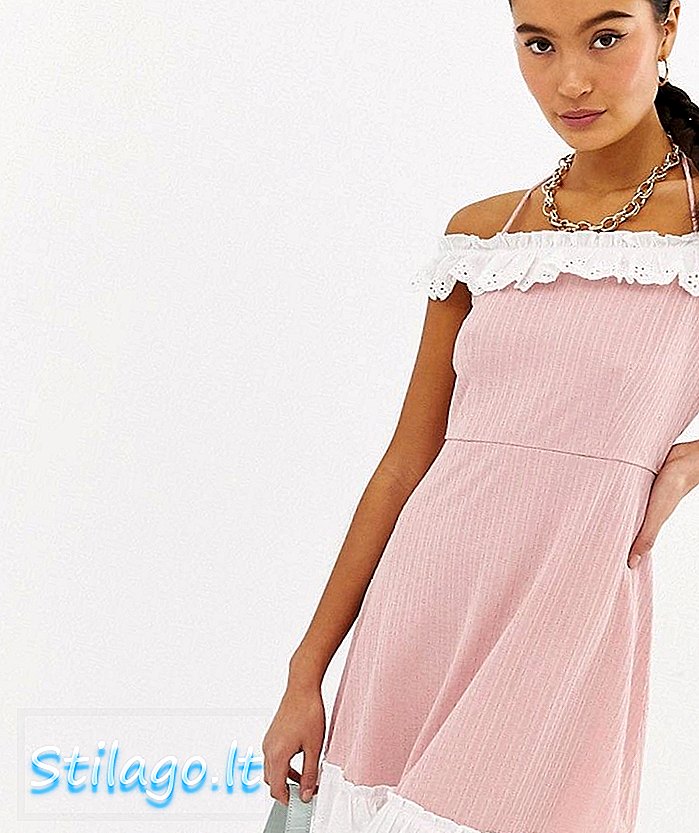 Emory Park off ramena obleka s kontrastnimi ruffle podrobnosti-roza