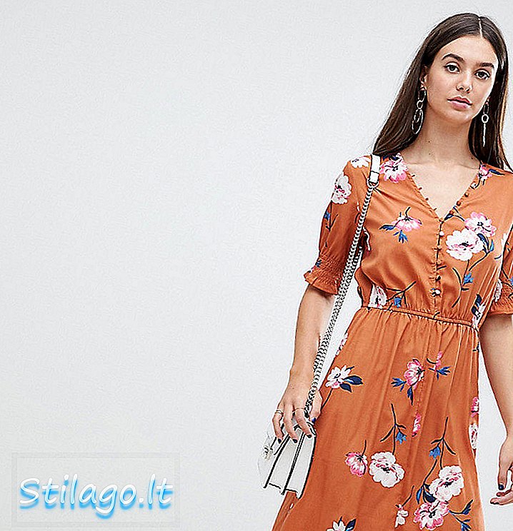 Pengaruh Tinggi midi gaun lengan shirred floral dengan tombol di depan