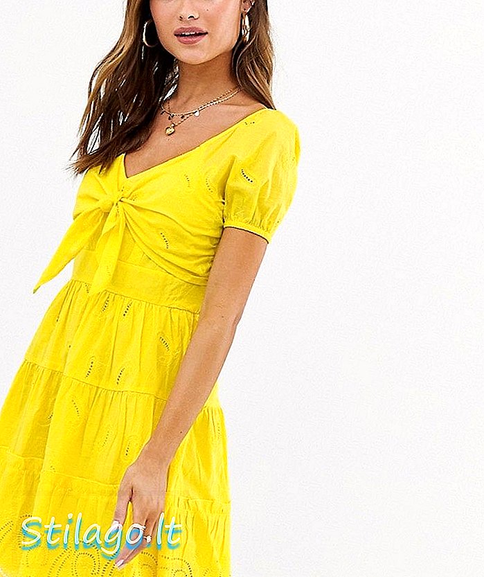 River Island Broderie Kleid mit Krawattenfront in gelb