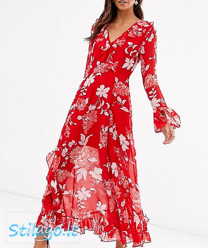 ASOS DESIGN zábal maxi šaty s volánkami v červeném květinovém potisku-Multi