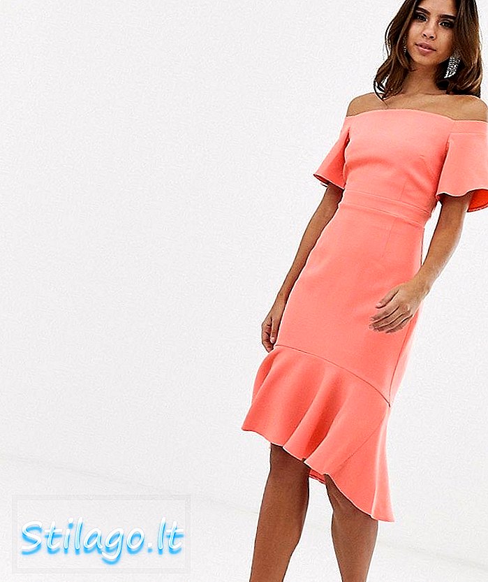 Vesper off bahu dip hem dress midi-Orange