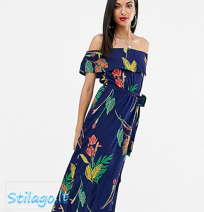 Innflytelse Maxi kjole med lang skulder i floral marineblå