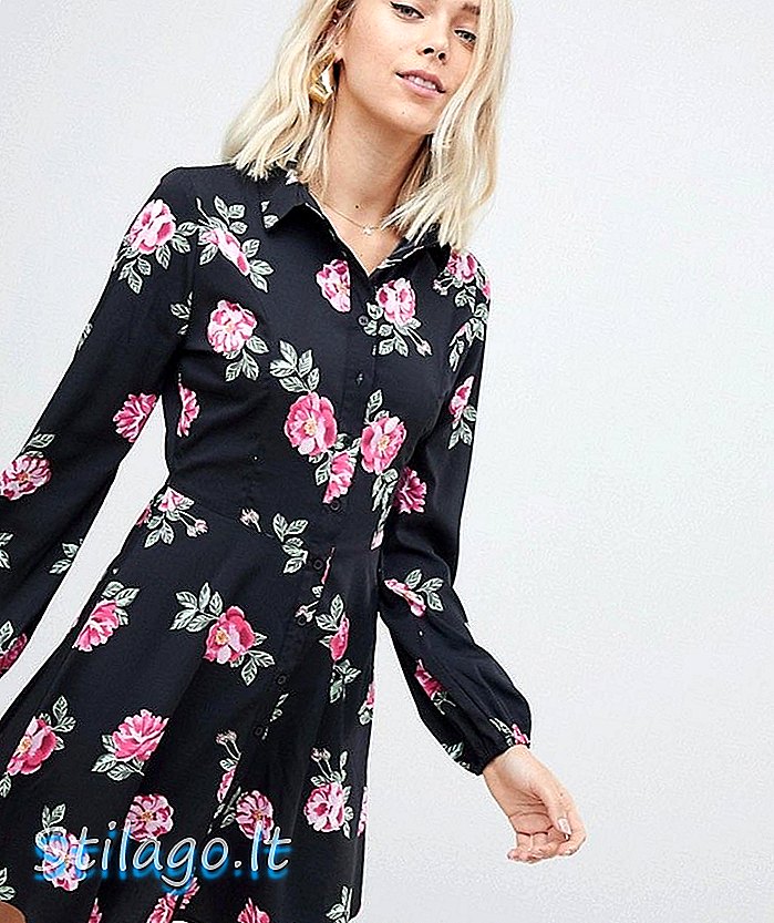 Influență rochie cămașă patinator floral-Negru