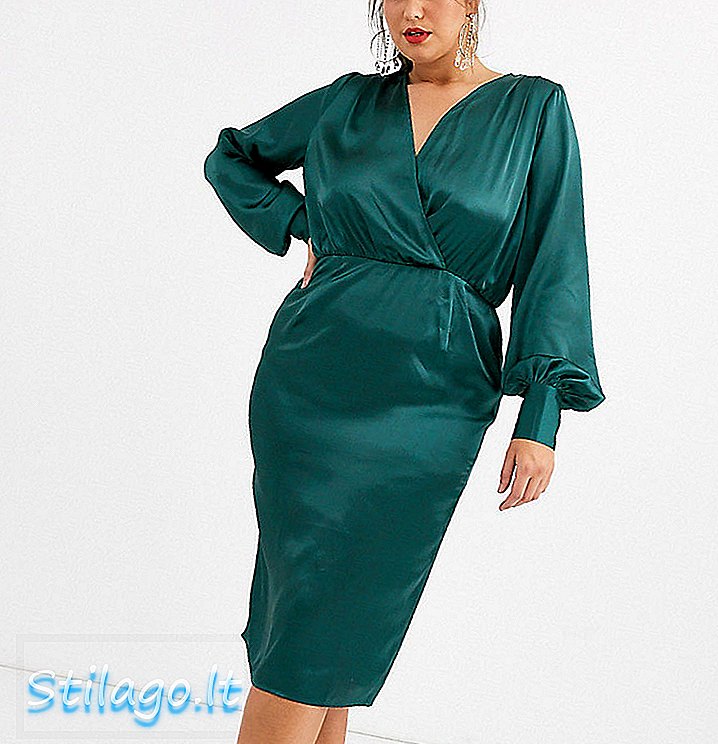 ASOS DESIGN - Vestito midi in raso con maniche a palloncino esclusive curve-Verde