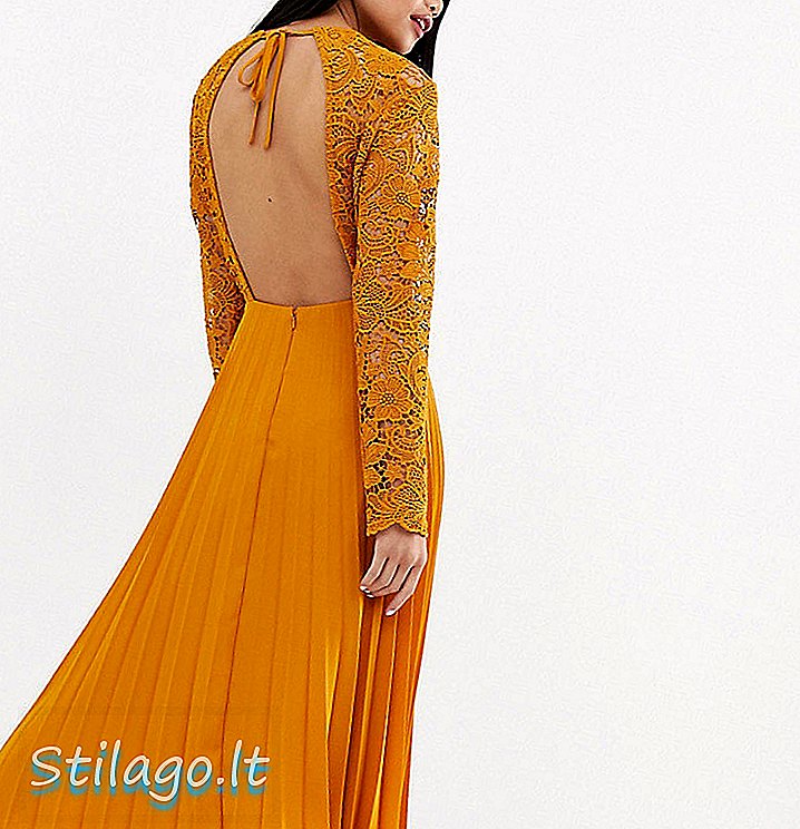 ASOS डिजाइन खूबसूरत लंबी आस्तीन फीता चोली मिडी पोशाक pleat स्कर्ट-पीला के साथ