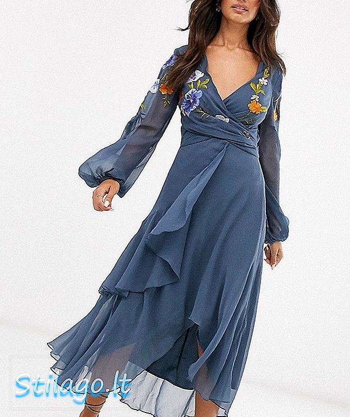 Sukienka midi z zakładkami ASOS DESIGN z kwiatowym haftem ogrodowym - Niebieska