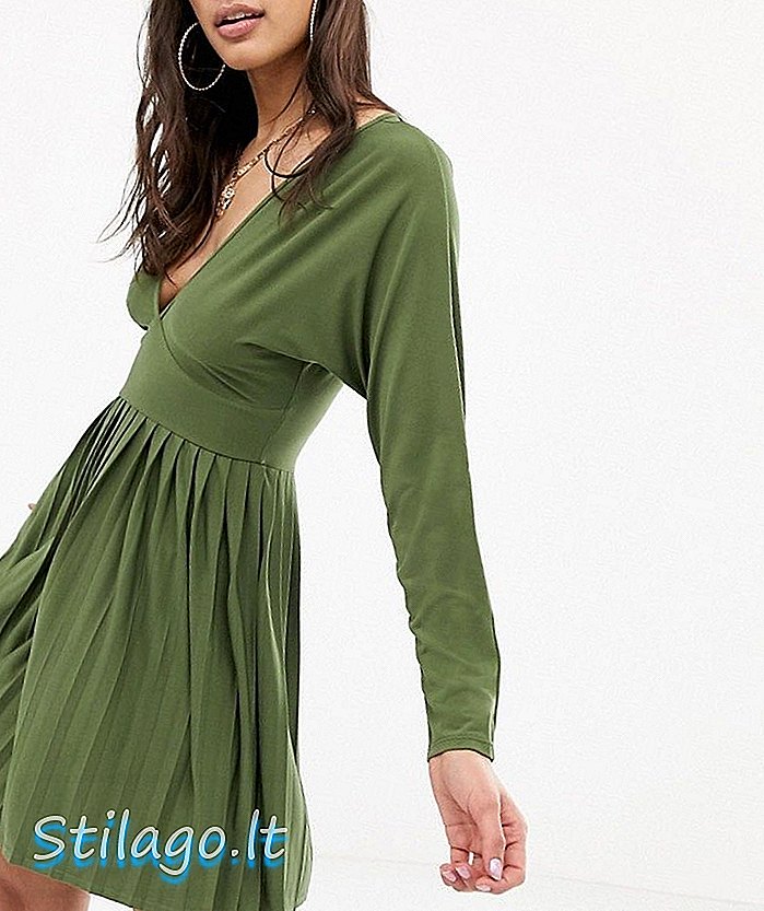 ASOS DESIGN jersey mini vestido de crepe com decote em v com saia plissada-Verde