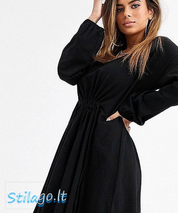ASOS DESIGN - Aangerimpelde jurk met taille met trekkoord - Zwart