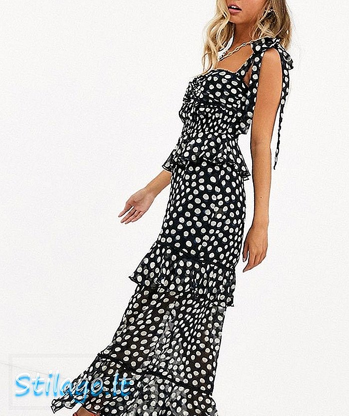 डार्क पिंक मिक्स्ड पोल्का प्रिंट-मल्टी में टाई शोल्डर डिटेल के साथ मिडी ड्रेस पहने