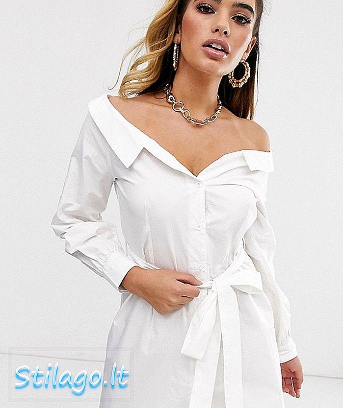 Missguided Bardot Poplin Gömlek Elbise-Beyaz