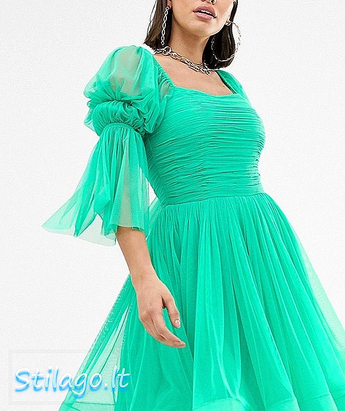Міні-плаття з квадратним вирізом з мереживом та намистом із структурованим подолом зеленого кольору