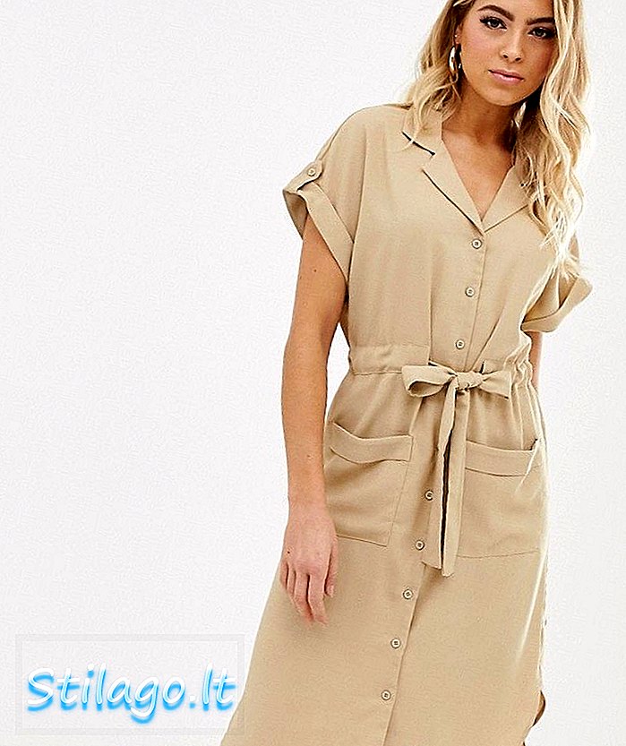 Vestido camisero suave de líneas paralelas con cintura anudada en beige