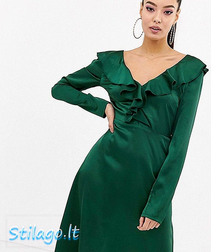 שמלת midi צווארון משובץ בסגנון פרוע משובץ בצבע ירוק